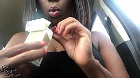 a cigarette in the car turns into a wild ebony domination scene with smoking hot control