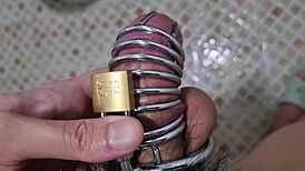 korslaveman here, just peeing with a chastity belt gripping my cock tight