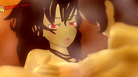 An animated video shows a busty transgender woman having sex with several people in a sauna