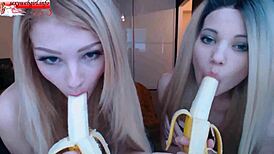Damn! Two Sexy Girlfriends Suck Bananas Live on Webcam!