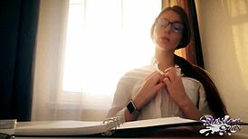 Horny Russian secretary with big tits vibes her pussy. Reception room gets steamy fast.