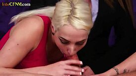 Cfnm Office Babe in Glasses and Lingerie Wanks Off Subject in Kinky Group Session.