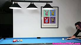 Hey, check out this tattooed pierced tgirl stroking herself hard on a pooltable. What a sight!