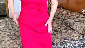 hot milf mariaold teases in red stockings and high heels, showing off her huge tits, shaved pussy, and ass.