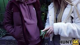 Old man watches hungarian pickup fuck shaved pussy on street.