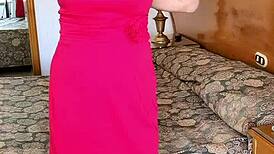 hot milf mariaold teases in red stockings and high heels, showing off her huge tits, shaved pussy, and ass.