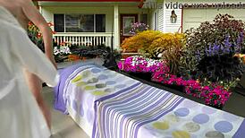 Taking care of my shaved baby outdoors.