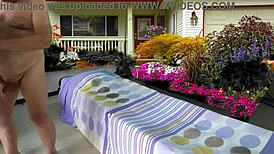 Taking care of my shaved baby outdoors.