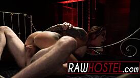 Casual Brunette Teen Enjoys Rough Deep Throat Blowjob with Monster Cock in Bondage