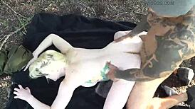 the nympho gets tattooed and fucked in missionary and doggystyle outdoors before cumshot