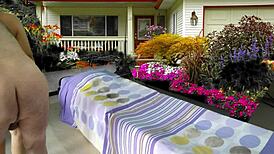 Taking care of my shaved baby outdoors.