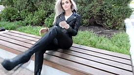 Russian Blonde in Leather Teasing with Sexy Moves
