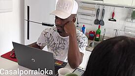 Naughty wife teases husband in kitchen while friend chats