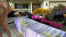 Taking care of my shaved baby outdoors.