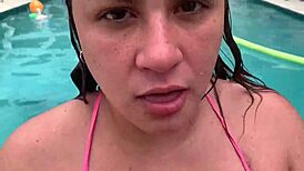 Gorgeous Latina maid La Paisa cleans pool, sucks dick, caught by neighbor in POV