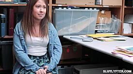 Kitty Carrera gives a deep throat blowjob to the LP officer's monster cock at work, then rides it cowgirl style in the shop