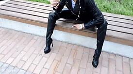 Russian Blonde in Leather Teasing with Sexy Moves