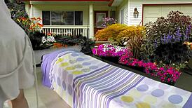 Taking care of my shaved baby outdoors.