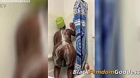 ebony goddess claps booty and plays with toys in shower