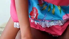 Pretty girl sits on big black cock in short dress