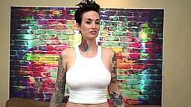 short haired chick with big tits sucks a big dick pov blowjob homemade amateurs tattoo cock