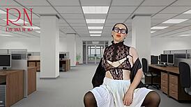 naked secretary flirts with boss, flashing pussy and tits at work