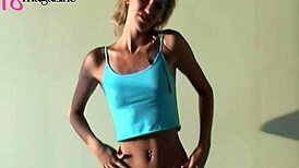 Slim sexy babe Nicole in blue undresses to tease us with pretty small tits and natural boobs?