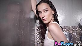 small tits sofi ka posing wet and naked, that cute ukrainian brunette milf undressing softly for the camera.