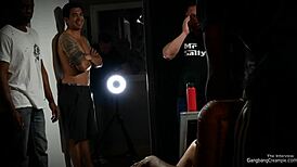 Busty milf interacts with five strangers simultaneously