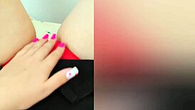 Young stepsister's secret masturbation through red panties at home