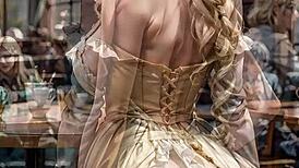 An elegant blonde in a Victorian dress flashes her upskirt in public, drawing attention outdoors.