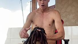 Tattooed teen bent over for doggystyle blowjob