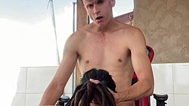 Tattooed teen bent over for doggystyle blowjob