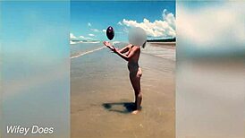 wife dares to play nude football on a public clothed beach