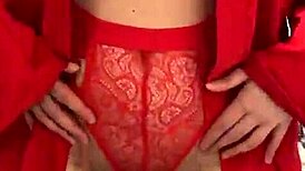 i feel the pleasure as brunette in red lingerie plays with herself