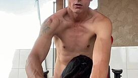 Tattooed teen bent over for doggystyle blowjob