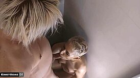 Piss in mouth turns into cum swallowing after his kinky release.