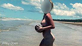 wife dares to play nude football on a public clothed beach