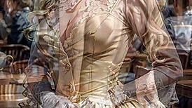 An elegant blonde in a Victorian dress flashes her upskirt in public, drawing attention outdoors.