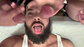 Bearded guy sucks 41 cocks in retro blowjob video