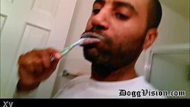 blonde cougar gets nasty with toothpaste spit during sloppy bathroom blowjob