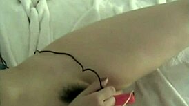 japanese girlfriend masturbates hairy pussy with dildo and toys