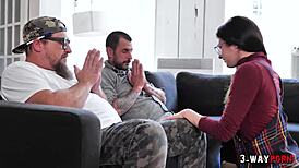 3-way porn - petite 18+ girl fucked by two construction guys