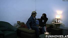 brunette girl surprises roomie with morning ride on his cock