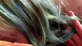 Blue-Haired Girl Performs Long Blowjob.