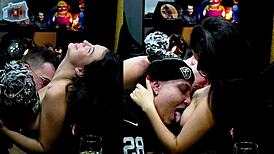 Natasha Steffens moans as Ruan and Everton suck her tits in casting