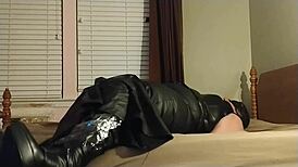 Oh wow, crossdresser in self-bondage with heels and boots!