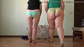 Two Mature BBWs Strip During Home Fitness, Show Plump Legs and Hairy Pussy