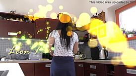 Oh wow, the hot petite babysitter in the kitchen, bending over with her big bare ass in panties!