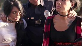 Young stunners cuffed and interrogated by police officer.